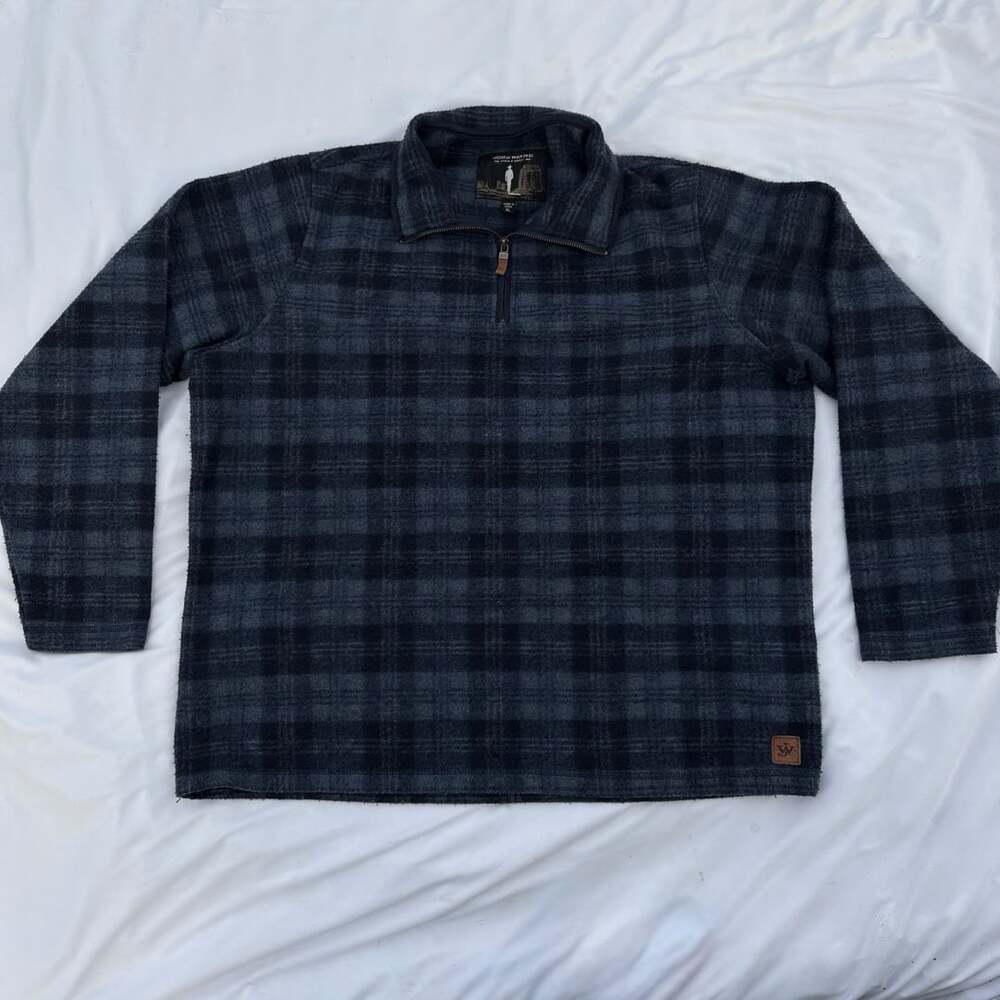 John Wayne Stock & Supply Blue Black Plaid 1/4 Zip Fleece Pullover Jacket XL